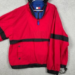 VINTAGE Tommy Hilfiger Jacket Windbreaker Mens 2XL Red Hoodie Quarter Zip Pocket